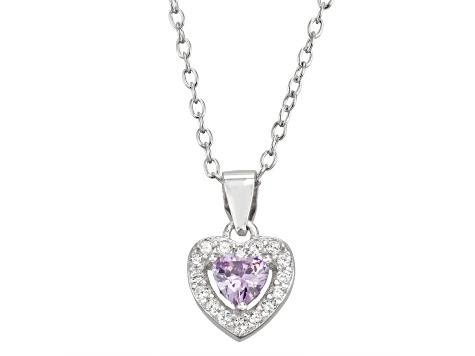 Lavender And White Cubic Zirconia Rhodium Over Silver Children's Heart Pendant With Chain 0.49ctw