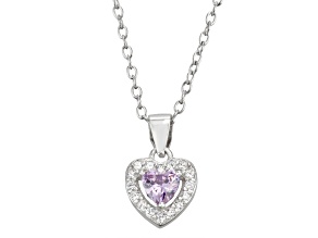 Lavender And White Cubic Zirconia Rhodium Over Silver Children's Heart Pendant With Chain 0.49ctw