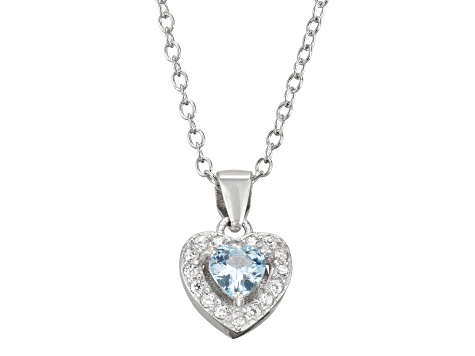 Blue And White Cubic Zirconia Rhodium Over Silver Children's Heart Pendant With Chain 0.49ctw