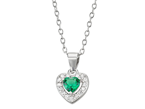 Green And White Cubic Zirconia Rhodium Over Silver Children's Heart Pendant With Chain 0.49ctw