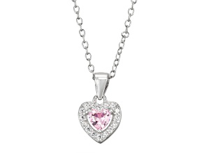 Pink And White Cubic Zirconia Rhodium Over Silver Children's Heart Pendant With Chain 0.49ctw