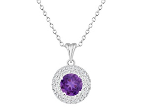 7mm Round Amethyst And White Topaz Accent Rhodium Over Sterling Silver Double Halo Pendant w/Chain