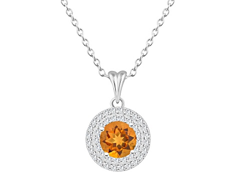 7mm Round Citrine And White Topaz Accent Rhodium Over Sterling Silver Double Halo Pendant w/Chain