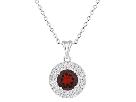 7mm Round Garnet And White Topaz Accent Rhodium Over Sterling Silver Double Halo Pendant w/Chain