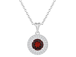7mm Round Garnet And White Topaz Accent Rhodium Over Sterling Silver Double Halo Pendant w/Chain