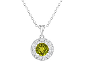 7mm Round Peridot And White Topaz Accent Rhodium Over Sterling Silver Double Halo Pendant w/Chain