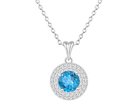7mm Round Swiss Blue Topaz And White Topaz Rhodium Over Sterling Silver Double Halo Pendant w/Chain