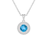 7mm Round Swiss Blue Topaz And White Topaz Rhodium Over Sterling Silver Double Halo Pendant w/Chain