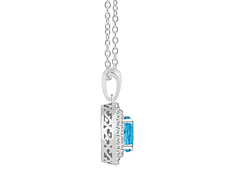 7mm Round Swiss Blue Topaz And White Topaz Rhodium Over Sterling Silver Double Halo Pendant w/Chain