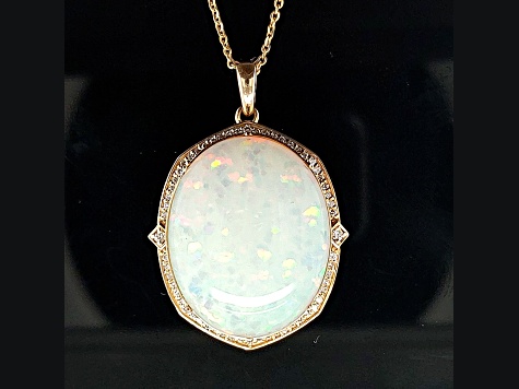 Ethiopian Opal Oval Cabochon and Round Diamond 14K Yellow Gold Pendant with Chain, 22.09ctw