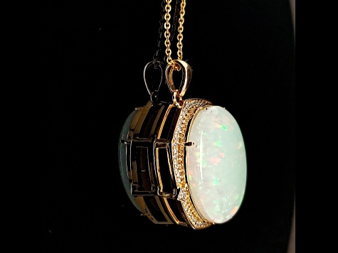 Ethiopian Opal Oval Cabochon and Round Diamond 14K Yellow Gold Pendant with Chain, 22.09ctw