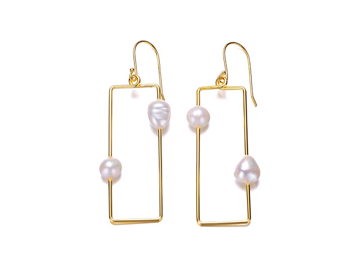 Sterling Silver 14K Gold Plated with Genuine Freshwater Pearl Geometrical Drop Earrings