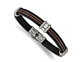 Black and Brown Leather and Stainless Steel Polished 8.25-inch Bracelet