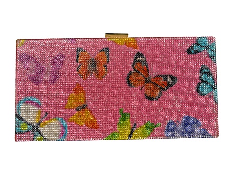Gold Tone Pink Crystal Multi Butterfly Rhinestones Square Clutch