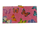 Gold Tone Pink Crystal Multi Butterfly Rhinestones Square Clutch