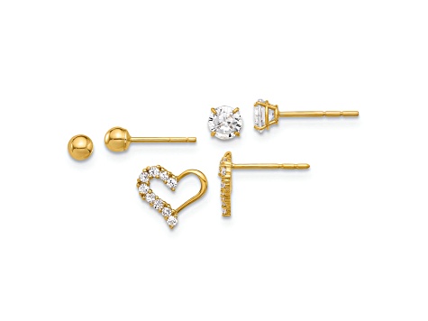 14K Yellow Gold Polished CZ Ball and Heart Post Earring Set