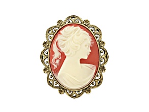 1928 Jewelry Gold Tone Faux Carnelian Cameo Oval Brooch