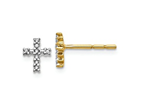 14k Yellow Gold and Rhodium Over 14k Yellow Gold Diamond Cross Stud Earrings