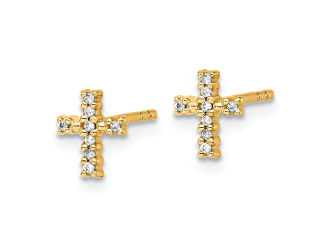 14k Yellow Gold and Rhodium Over 14k Yellow Gold Diamond Cross Stud Earrings