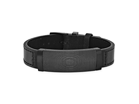 Black Leather and Stainless Steel Black IP-plated Solid Carbon Fiber Bracelet