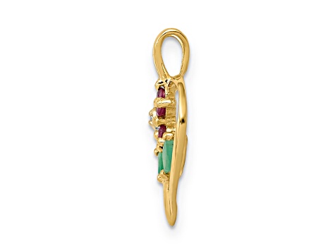 14K Two-tone Gold Siam Ruby, Emerald and Diamond Flower Heart