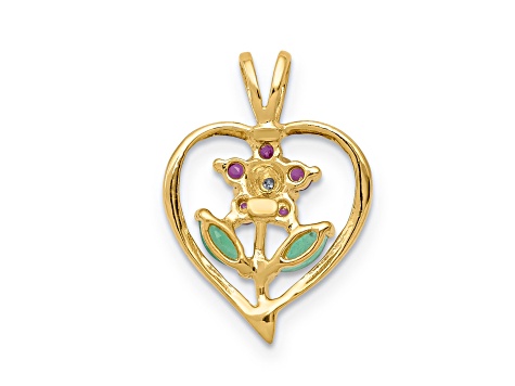 14K Two-tone Gold Siam Ruby, Emerald and Diamond Flower Heart