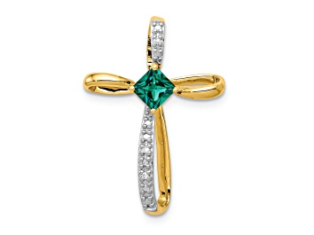 Picture of 14k Yellow Gold and Rhodium Over 14k Yellow Gold Lab Created Emerald and Diamond Cross Slide