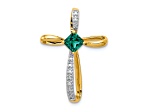 14k Yellow Gold and Rhodium Over 14k Yellow Gold Lab Created Emerald and Diamond Cross Slide