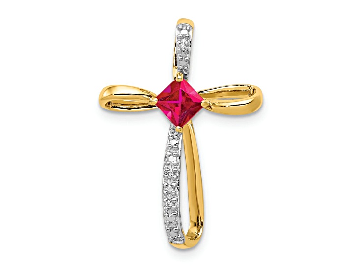 14k Yellow Gold and Rhodium Over 14k Yellow Gold Lab Created Ruby and Diamond Cross Slide