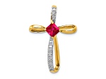 14k Yellow Gold and Rhodium Over 14k Yellow Gold Lab Created Ruby and Diamond Cross Slide