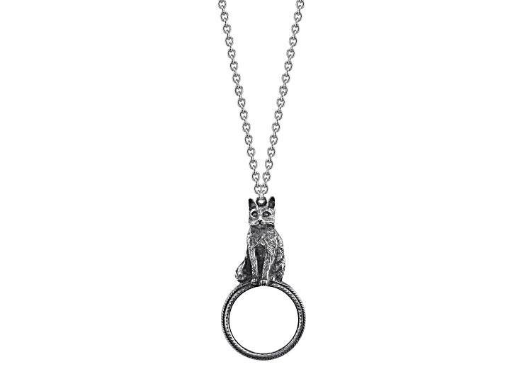 1928 Jewelry Pewter Cat Magnifying Glass Pendant Necklace