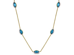 London Blue Topaz and Diamond 14K Yellow Gold Station Necklace 3.37ctw