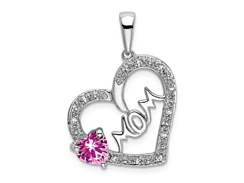Rhodium Over 14k White Gold Pink Sapphire and Diamond Mom Heart Pendant