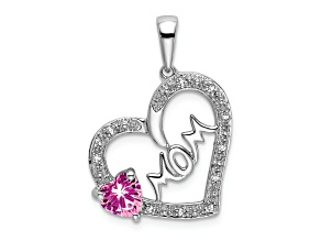 Rhodium Over 14k White Gold Pink Sapphire and Diamond Mom Heart Pendant