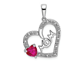 Rhodium Over 14k White Gold Ruby and Diamond Mom Heart Pendant