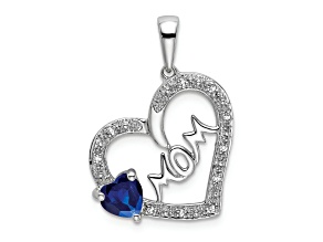 Rhodium Over 14k White Gold Sapphire and Diamond MOM Heart Pendant