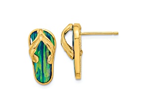 14k Yellow Gold Polished and Textured with Lab Created Blue Opal Flip Flop Stud Earrings