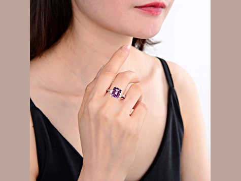 Amethyst with White Zircon Accents Rhodium Over Sterling Silver Statement Ring, 5.96ctw