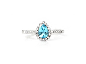Rhodium Over Sterling Silver Paraiba Blue Apatite and Lab Grown Diamond Pear Shaped Ring