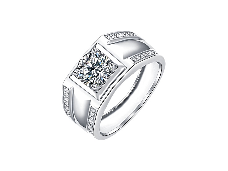 Clear Cubic Zirconia, Rhodium Plated over Brass with Pave-Accented CZ Adjustable Band Ring