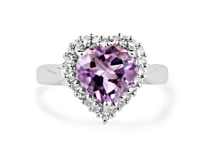 Amethyst and White Topaz Rhodium Over Sterling Silver Heart Shape Halo Ring