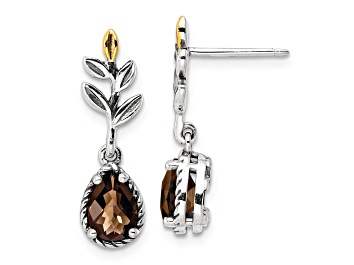 Picture of Sterling Silver Antiqued with 14K Accent Leaf Smoky Quartz Dangle Post Earrings