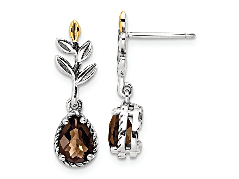 Sterling Silver Antiqued with 14K Accent Leaf Smoky Quartz Dangle Post Earrings