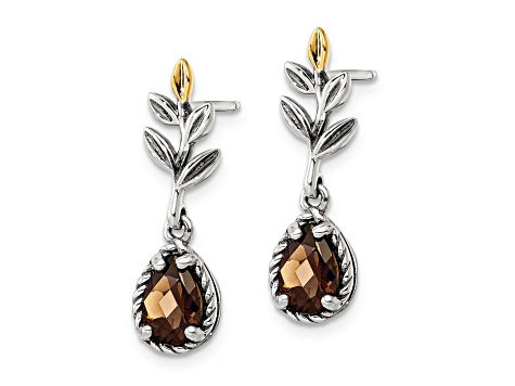 Sterling Silver Antiqued with 14K Accent Leaf Smoky Quartz Dangle Post Earrings