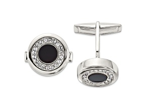 Sterling Silver Round Onyx and Crystal Cuff Links