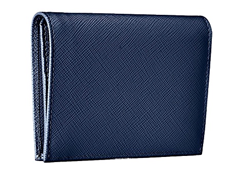 Prada Saffiano Baltico Blue Leather Gold Logo Bifold Snap