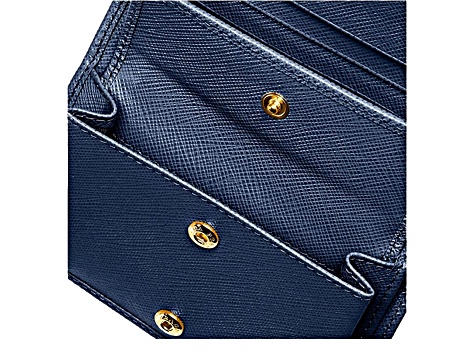 Prada Saffiano Baltico Blue Leather Gold Logo Bifold Snap Prada Saffiano Baltico Blue Leather Gold Logo Bifold Snap