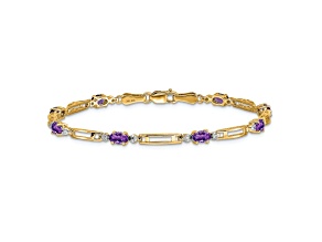 10k Yellow Gold and Rhodium Over 10k Yellow Gold Diamond and Amethyst Bracelet