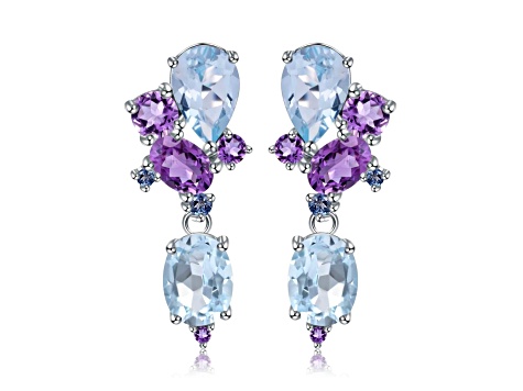 Sky Blue Topaz, Amethyst and CZ Rhodium Over Sterling Silver Earrings