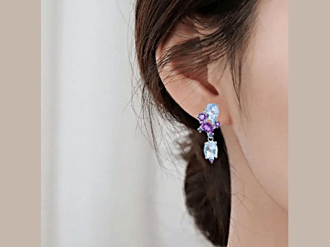 Sky Blue Topaz, Amethyst and CZ Rhodium Over Sterling Silver Earrings